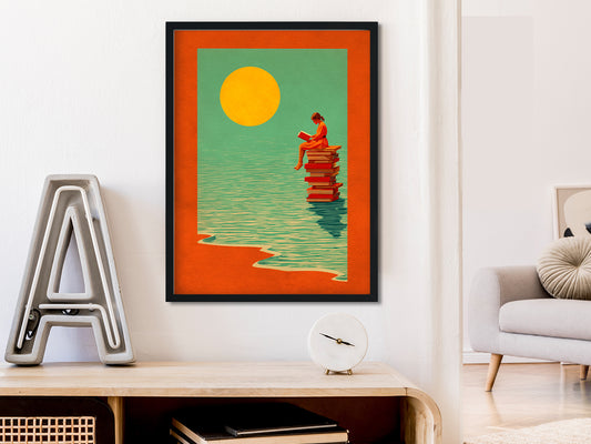 POSTER ›Reading Girl 01 / Wanddeko, Art Print, Kinderzimmer Poster, Sommer, Buch, Meer, Sonne, retro, lesen