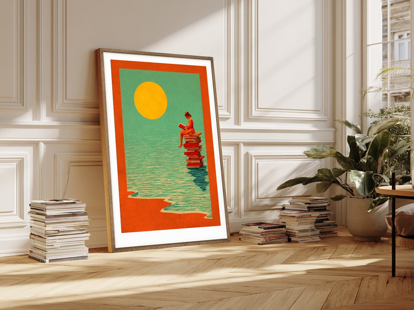 POSTER ›Reading Girl 01 / Wanddeko, Art Print, Kinderzimmer Poster, Sommer, Buch, Meer, Sonne, retro, lesen