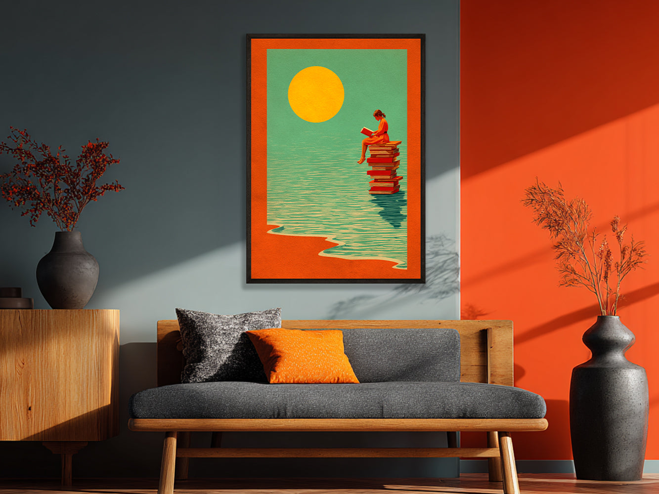POSTER ›Reading Girl 01 / Wanddeko, Art Print, Kinderzimmer Poster, Sommer, Buch, Meer, Sonne, retro, lesen