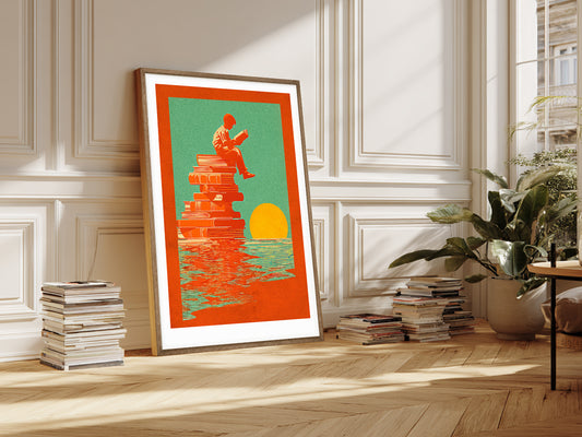 POSTER ›Reading Boy 02 / Wanddeko, Art Print, Kinderzimmer Poster, Sommer, Buch, Meer, Sonne, retro, lesen (Kopie)