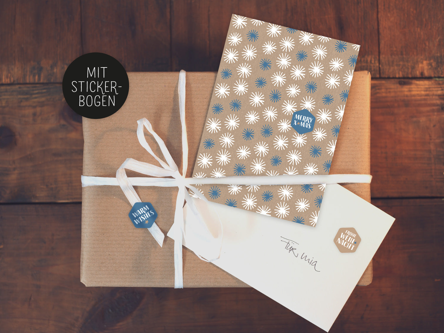 Weihnachts Grußkarten mit Vintage-Design. Weihnachtssterne auf Kraftpapier im 10er Postkarten Set.