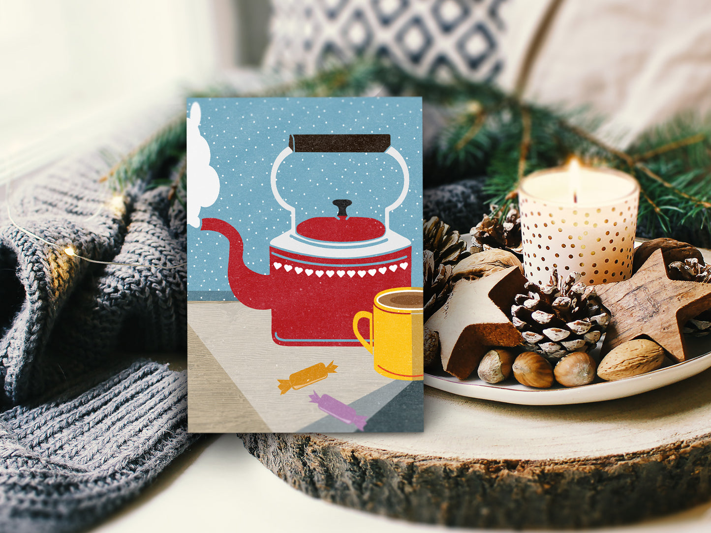 Weihnachtskarten-Set ›WINTER‹, mit Vintag Illustrationen Schlittschuhe, Ski, Tee und Muffin