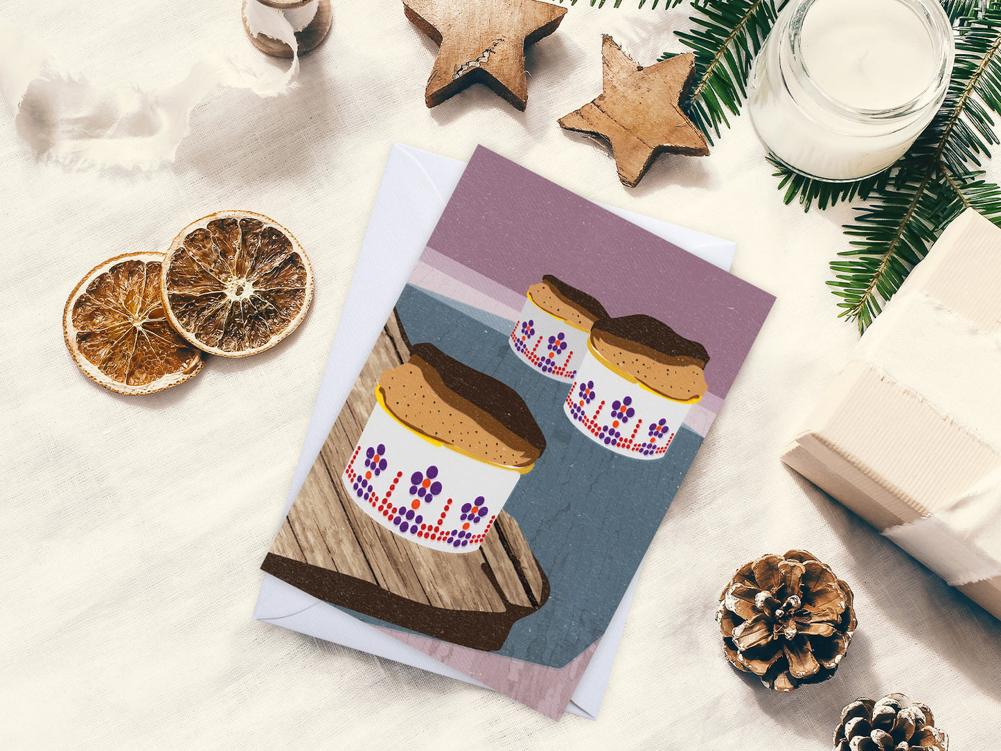 Weihnachtskarten-Set ›WINTER‹, mit Vintag Illustrationen Schlittschuhe, Ski, Tee und Muffin
