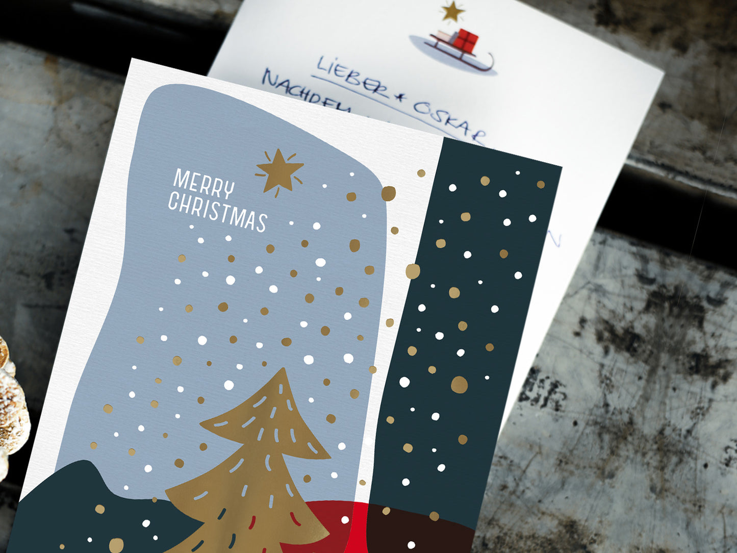 Weihnachtskarte ›Merry Christmas‹, Grußkarte mit Innenblatt und Goldveredelung, Retro Illustration