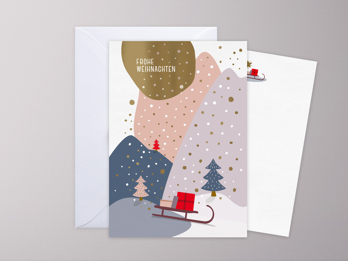 Weihnachtskarte ›Geschenkeschlitten‹, Grußkarte mit Innenblatt und Goldveredelung, Retro Illustration