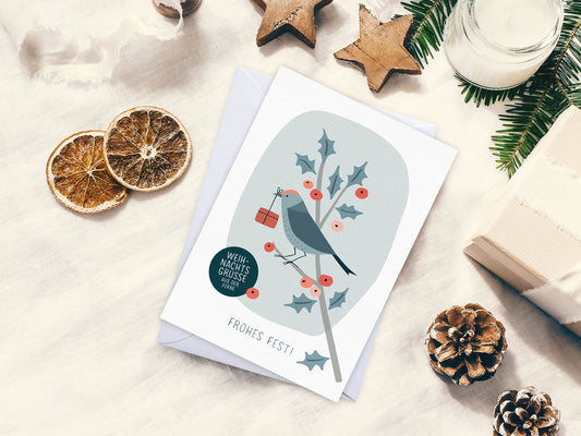 Weihnachtskarte ›Frohes Fest‹ / Scandi Nordic Stil, Wintervogel mit Zweig in Pastellfarben