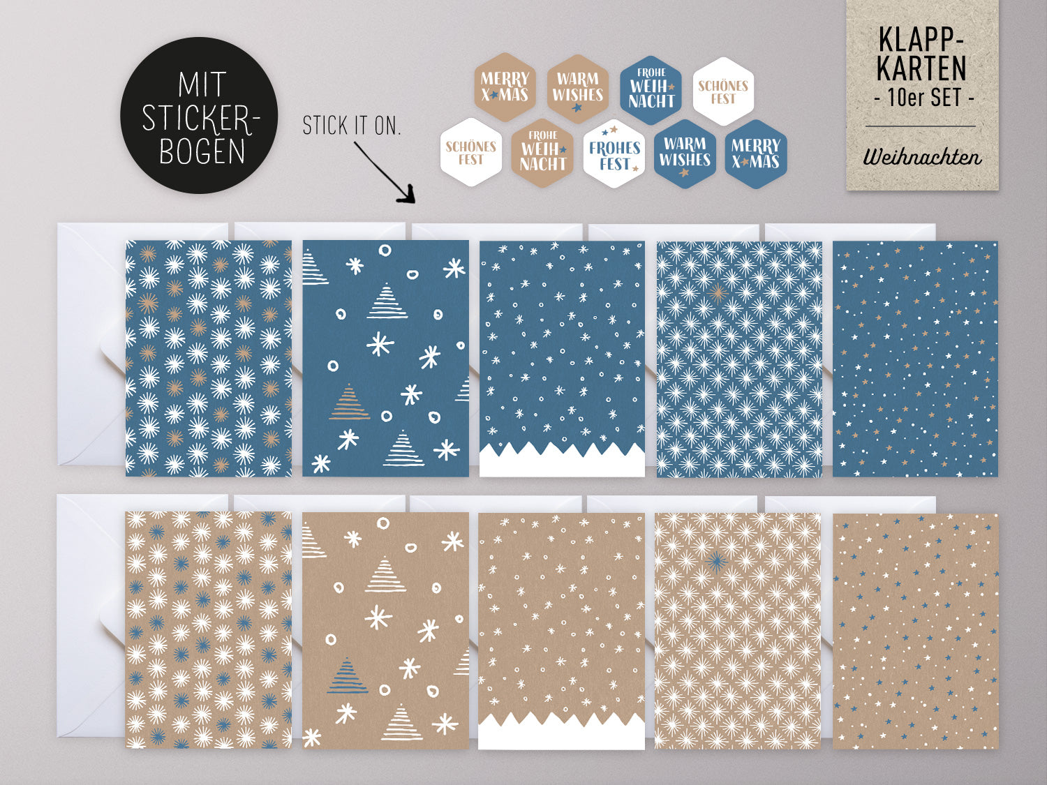 10 Grußkarten mit verschiedenen Motiven in Blautönung und Kraftpapier-Optik, passend für eure Weihnachts- und Neujahrsgrüße... Beigelegt sind 10 passende weiße Briefkuverts mit hauchzarter Struktur und 20 Aufkleber Merry X Mas