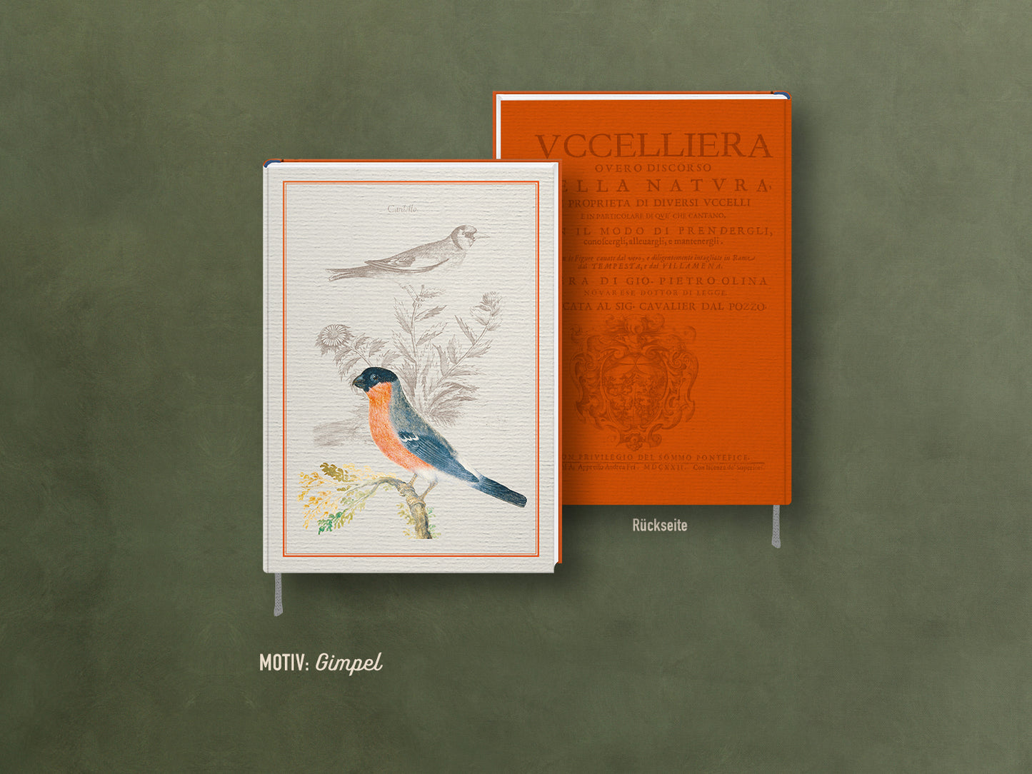 edles Notizbuch mit elegant schimmerndem Kashgar-Leinen und Lesebändchen, Natur, Geschenk, Vogel, Gimpel, Uhu, Gartenrotschwanz