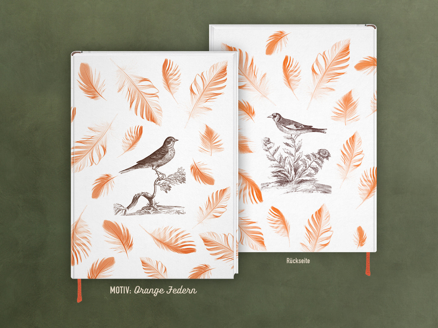 edles Notizbuch mit elegant schimmerndem Kashgar-Leinen und Lesebändchen, Natur, Geschenk, Vogel, orange Federn