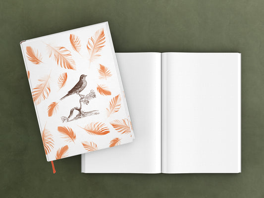 edles Notizbuch mit elegant schimmerndem Kashgar-Leinen und Lesebändchen, Natur, Geschenk, Vogel, orange Federn