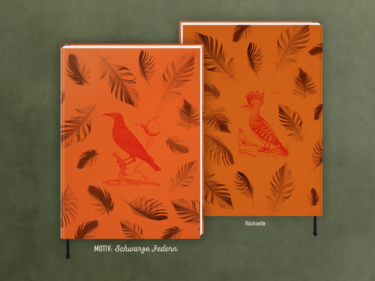 edles Notizbuch mit elegant schimmerndem Kashgar-Leinen und Lesebändchen, Natur, Geschenk, Vogel, schwarze Federn