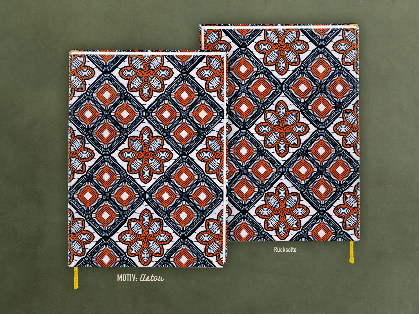 edles Notizbuch mit elegant schimmerndem Kashgar-Leinen bezogen und Lesebändchen, Wax, Geschenk, Stoffmuster, Muster, Afrika, Floral