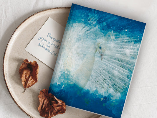 Notizheft ›Pfau‹, mit Retro Illustration in DIN A5 und Punkteraster