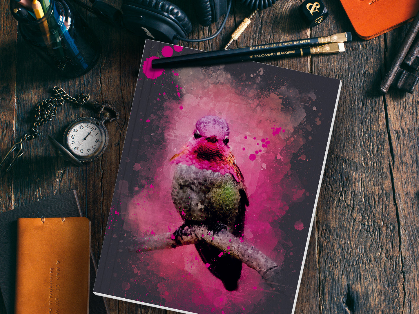 Notizheft ›Kolibri‹, mit Retro Illustration in DIN A5 und Punkteraster für deine Notizen