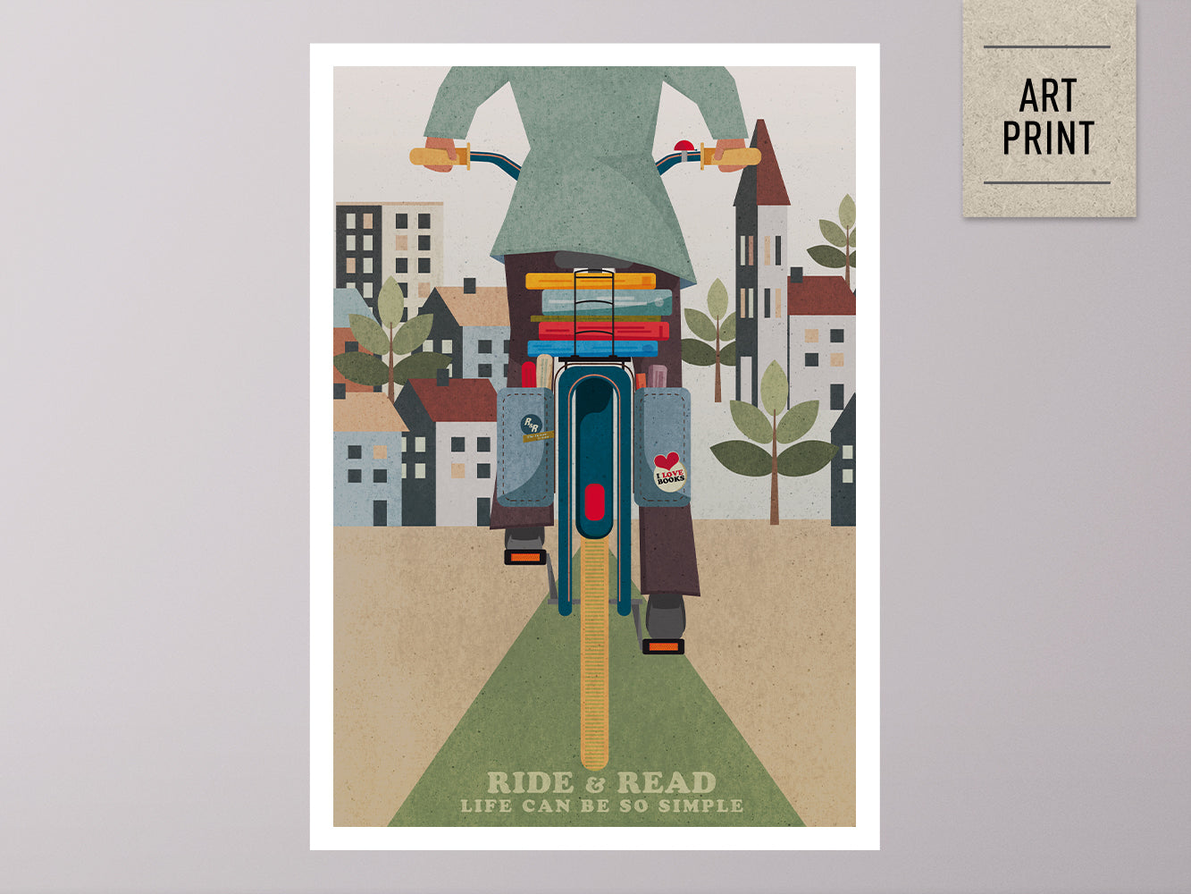 DRUCK ›Ride & Read‹ / Wanddeko, Art Print, Fahrrad, Bücher, Illustation, Retro Poster, Wandbild