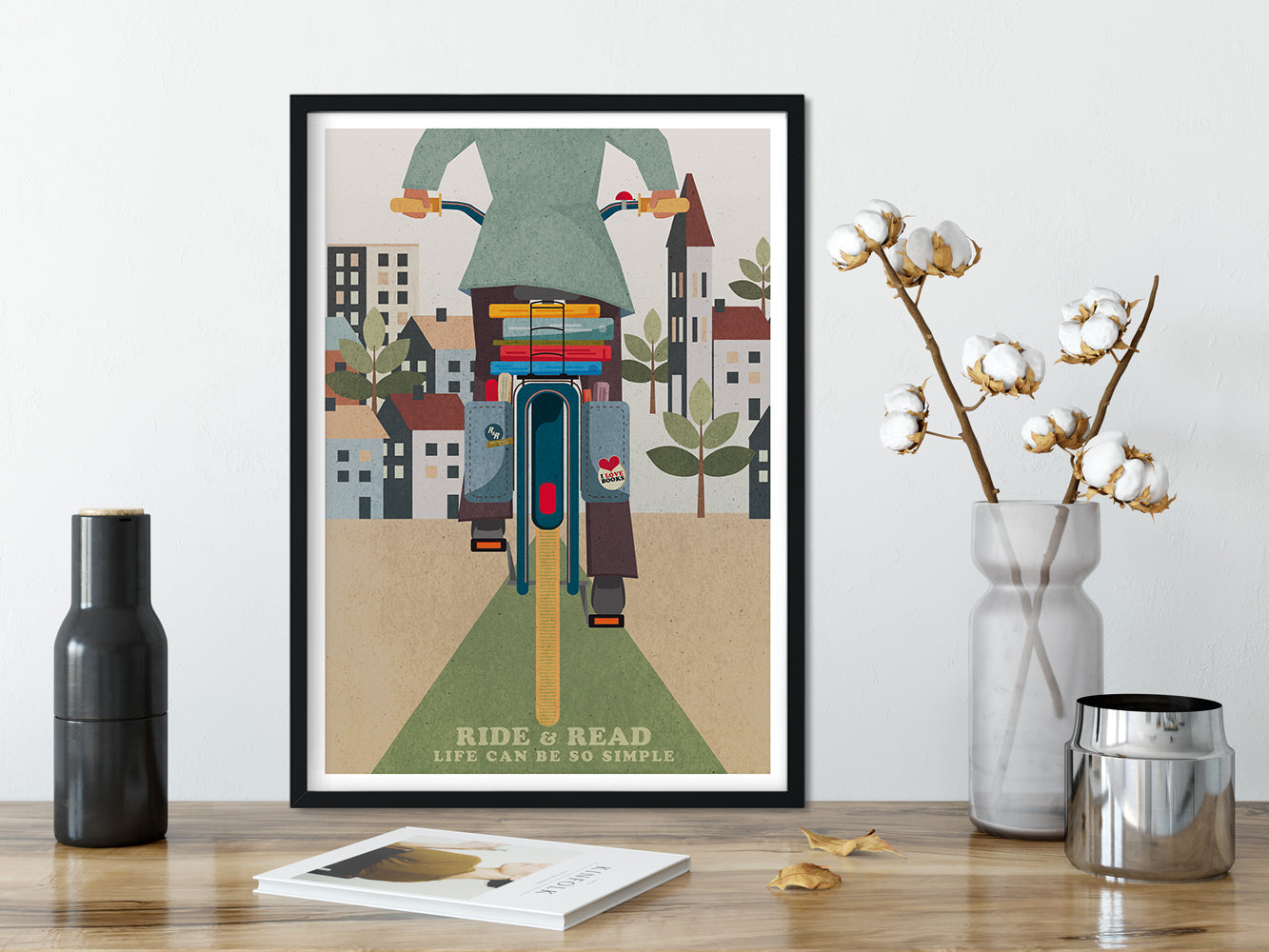 DRUCK ›Ride & Read‹ / Wanddeko, Art Print, Fahrrad, Bücher, Illustation, Retro Poster, Wandbild