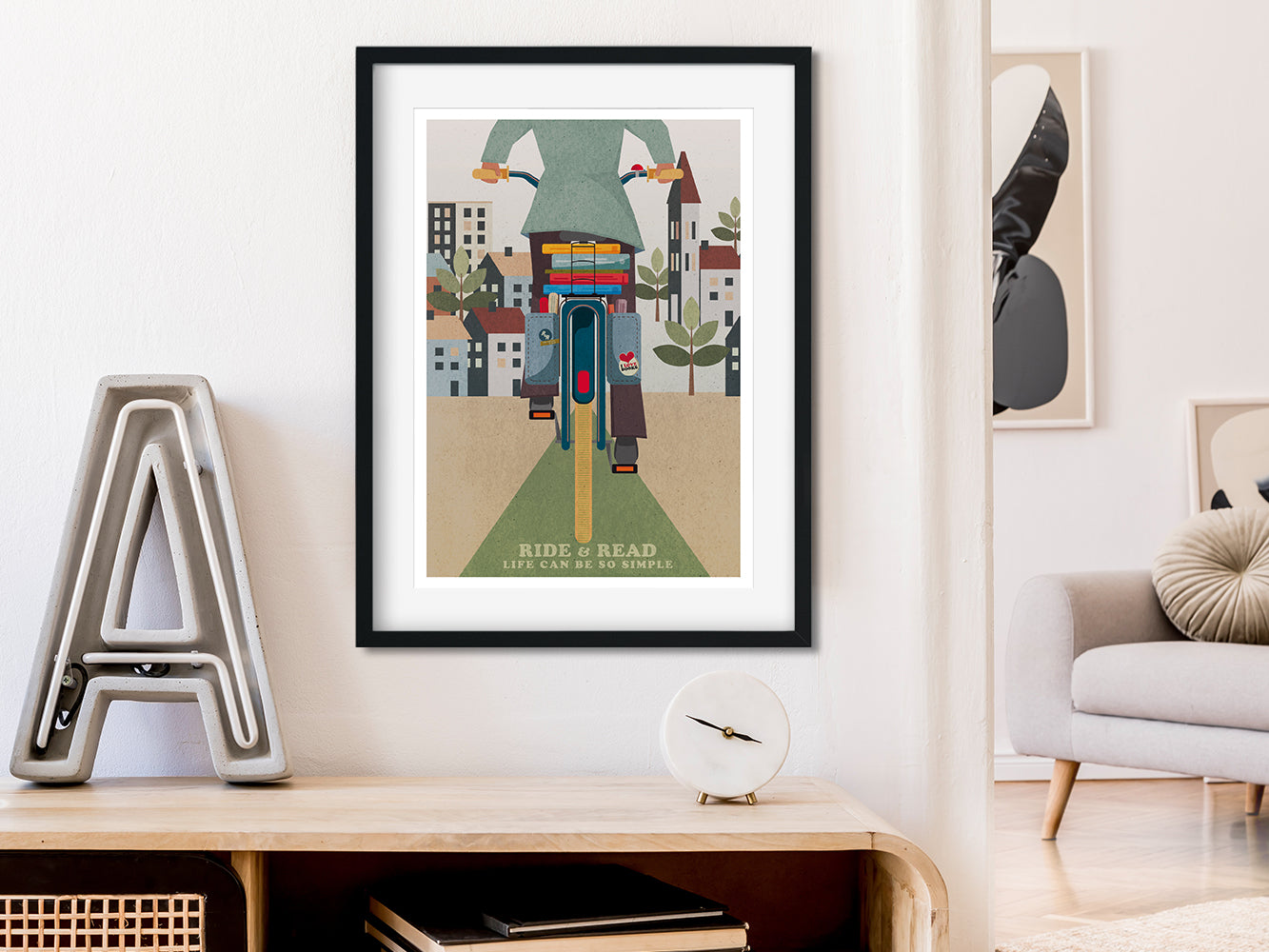 DRUCK ›Ride & Read‹ / Wanddeko, Art Print, Fahrrad, Bücher, Illustation, Retro Poster, Wandbild