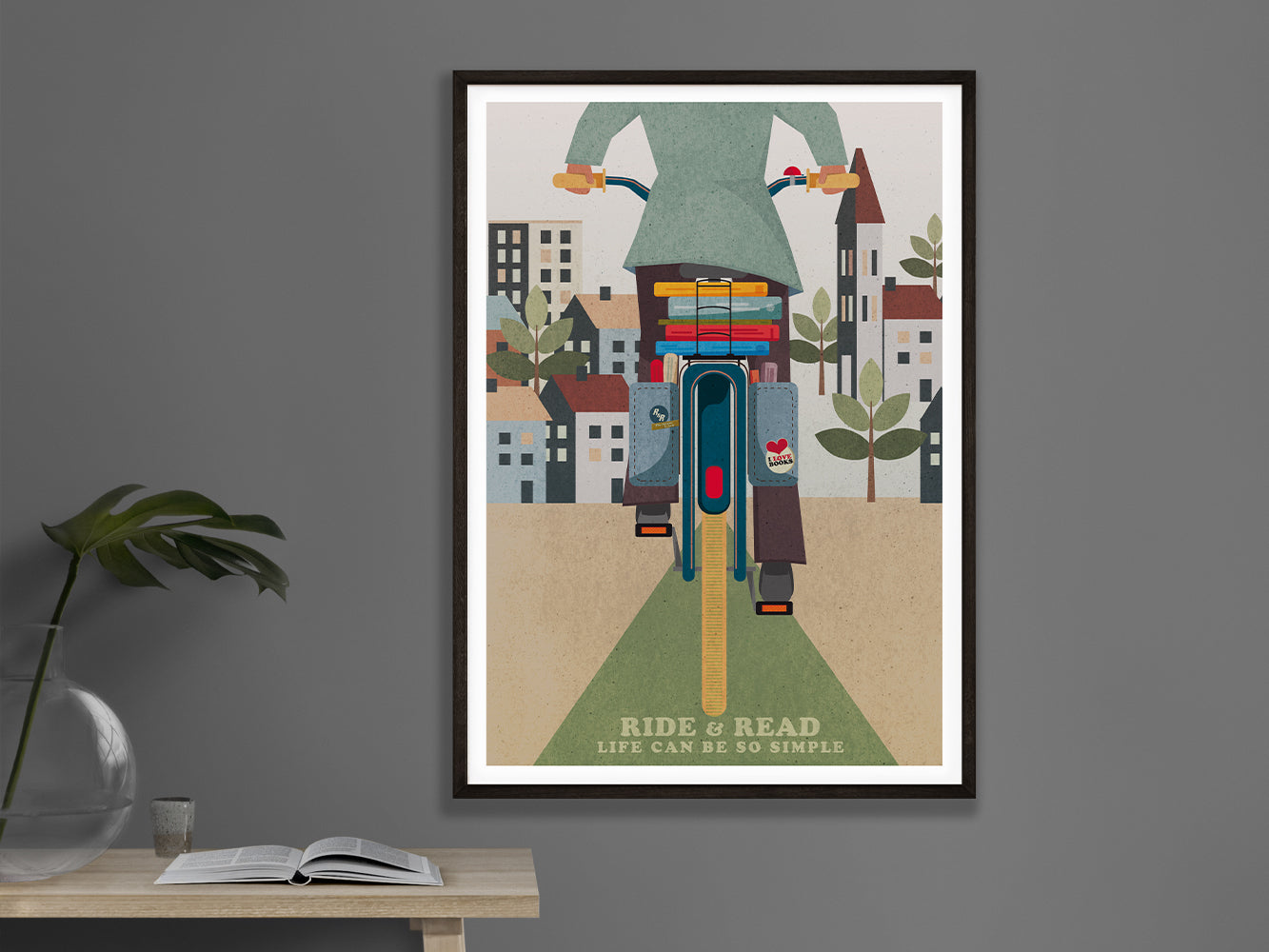 DRUCK ›Ride & Read‹ / Wanddeko, Art Print, Fahrrad, Bücher, Illustation, Retro Poster, Wandbild