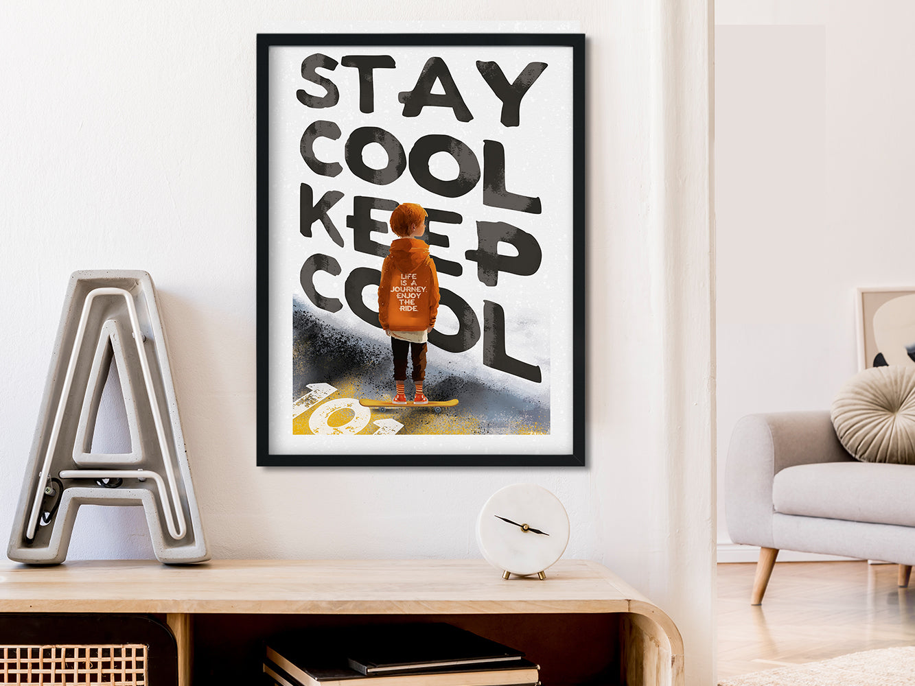POSTER ›Skater-Boy, Stay Cool‹, Skater Typo Poster, Wanddeko, Skateboard, Illustation, Wandbild, Teenager