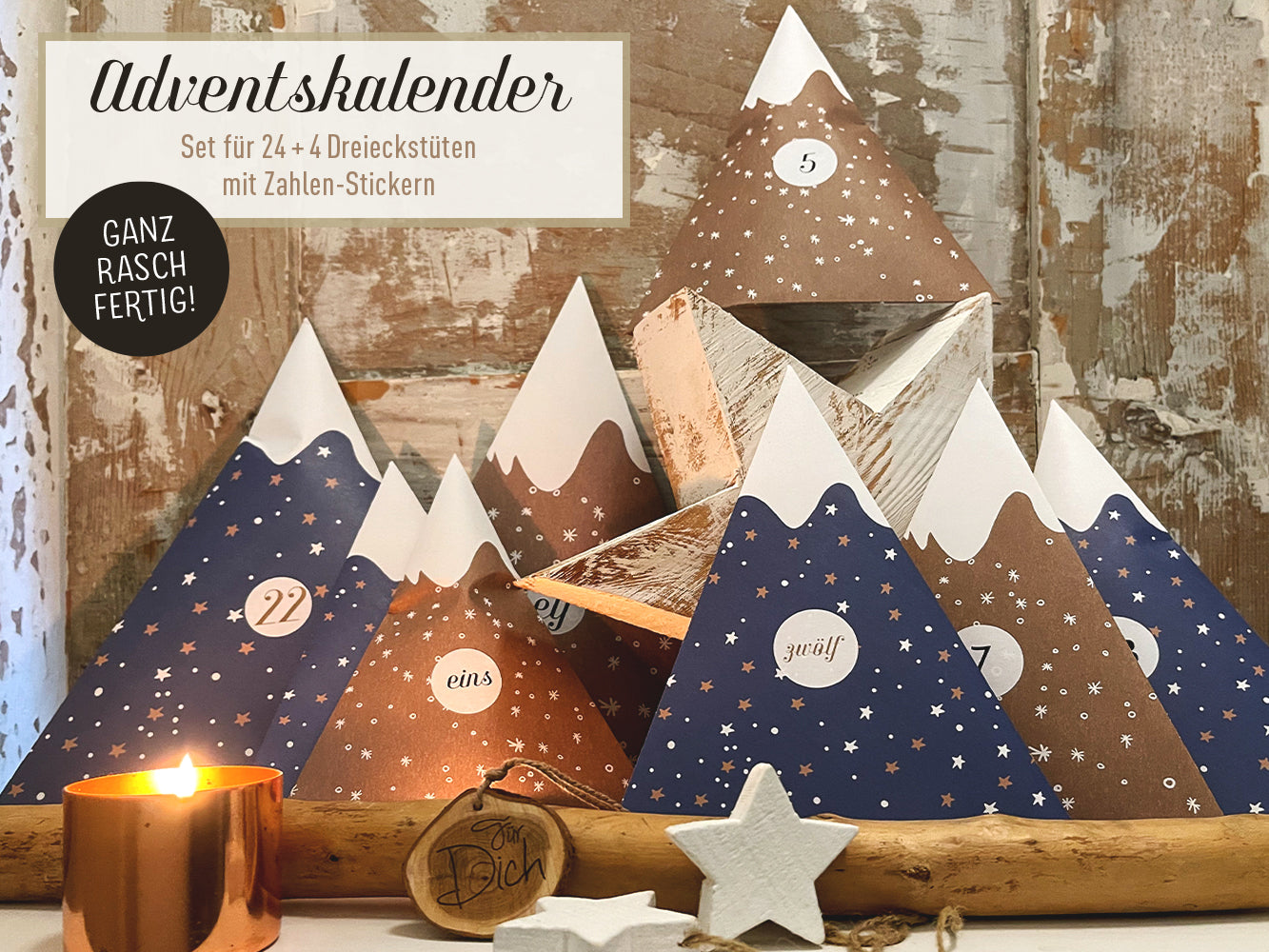 Adventskalender-Set, DIY Berge zum Selberbasteln, Dreieckstüten, Recyclingpapier, Aufkleber