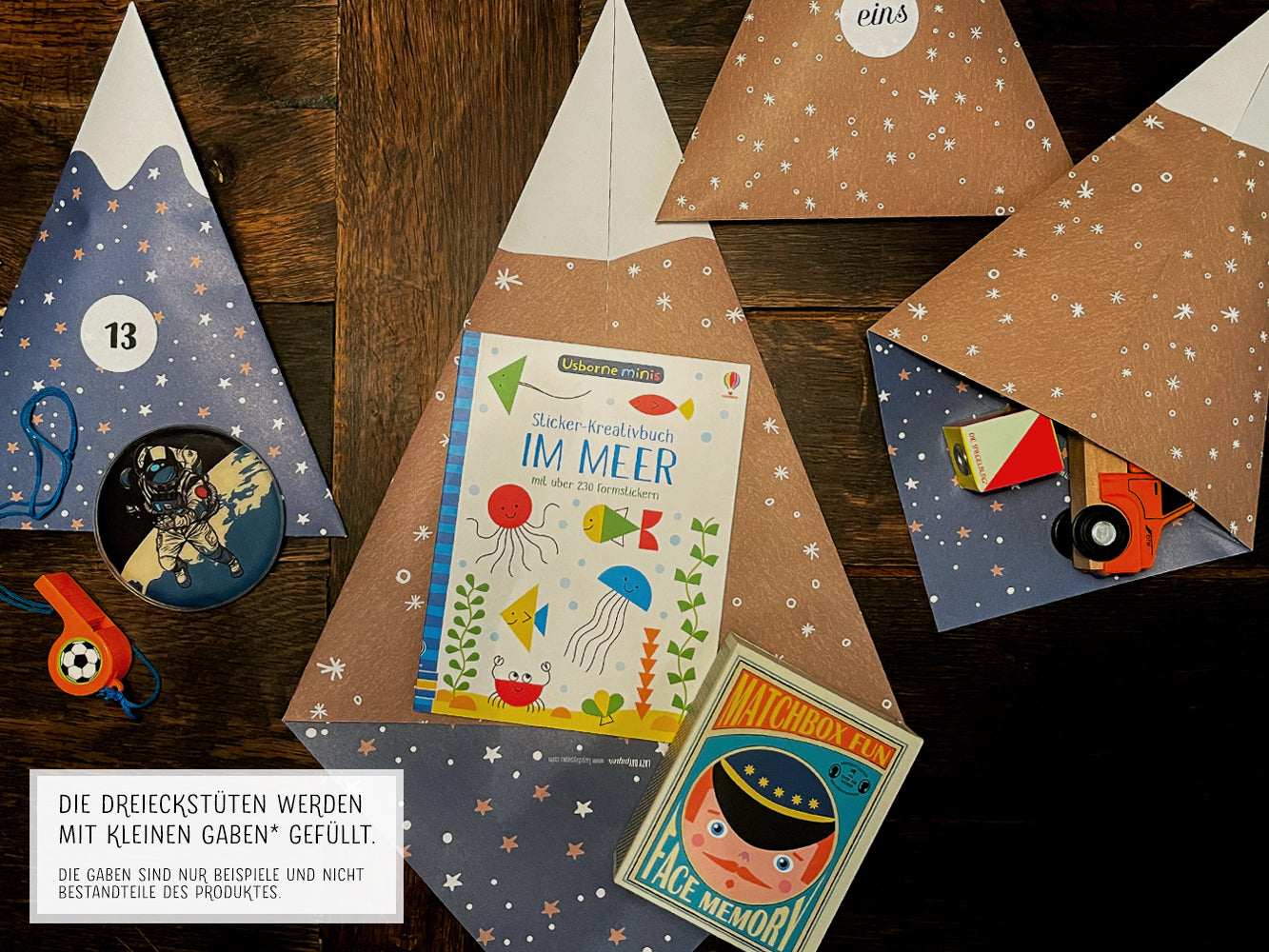 Adventskalender-Set, DIY Berge zum Selberbasteln, Dreieckstüten, Recyclingpapier, Aufkleber