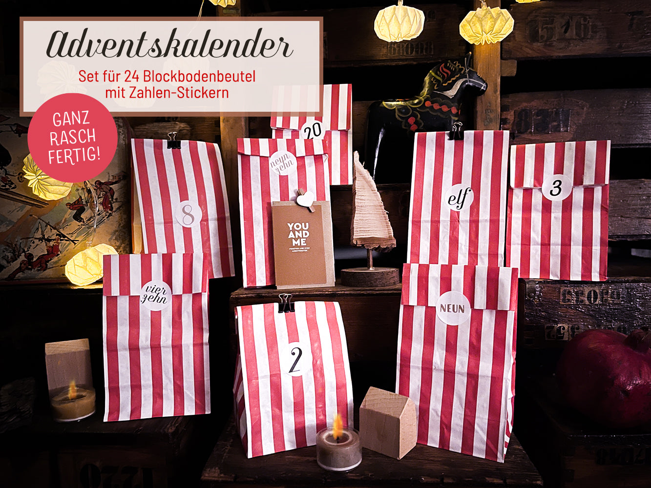 Adventskalender-Tüten-Set, rot-weiß Streifen, Aufkleber, Foldback Klammern