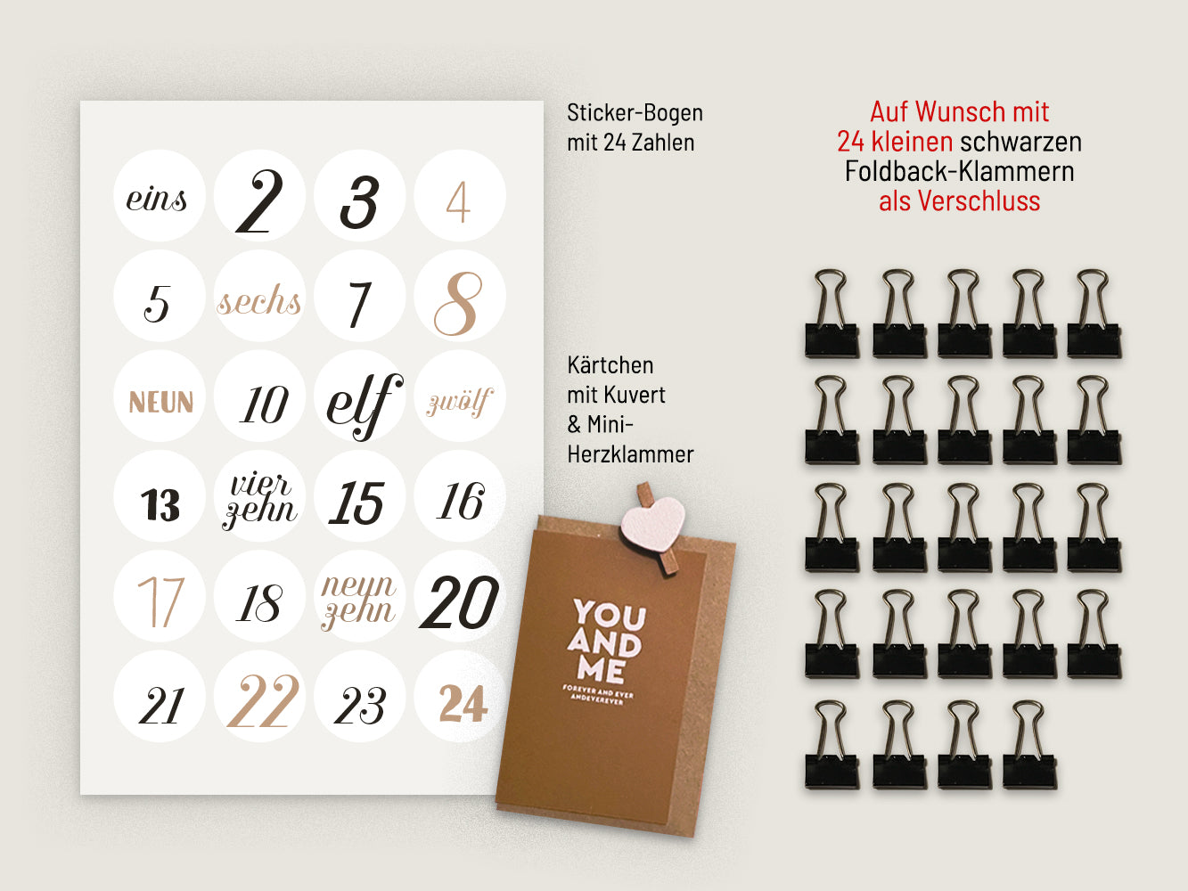 Adventskalender-Tüten-Set, rot-weiß Streifen, Aufkleber, Foldback Klammern