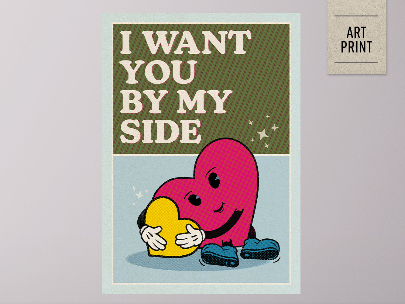 DRUCK ›I Want You By My Side‹ / Wanddeko, Art Print, Herz, Cartoon, Illustation, Retro Poster, Wandbild, Kinderzimmer