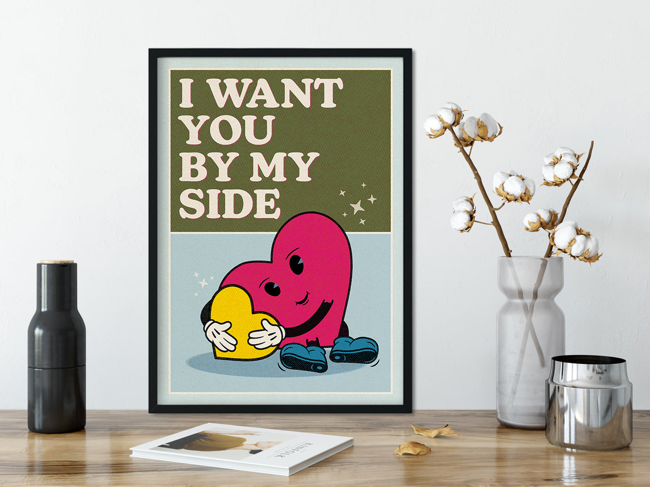 DRUCK ›I Want You By My Side‹ / Wanddeko, Art Print, Herz, Cartoon, Illustation, Retro Poster, Wandbild, Kinderzimmer