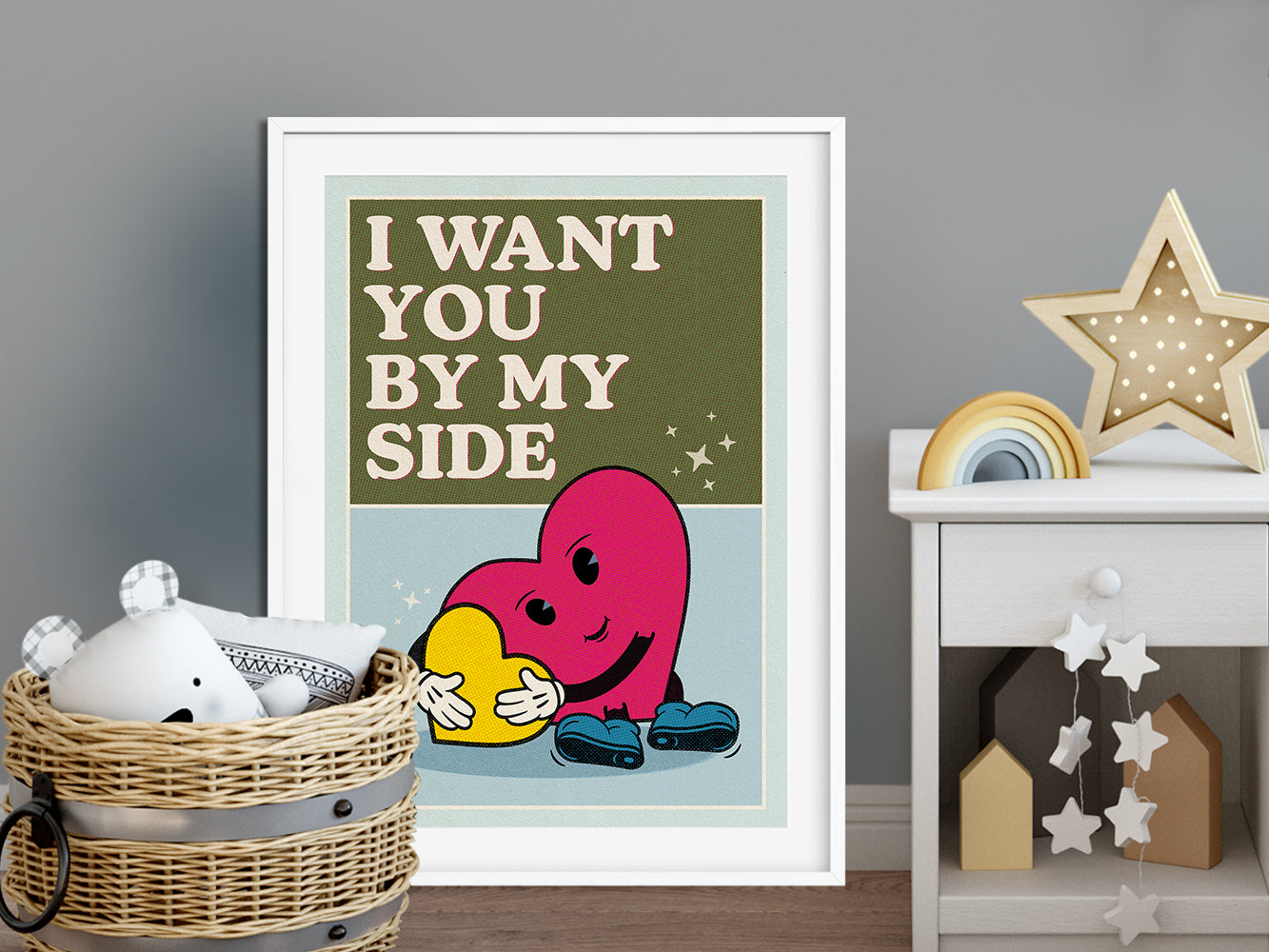 DRUCK ›I Want You By My Side‹ / Wanddeko, Art Print, Herz, Cartoon, Illustation, Retro Poster, Wandbild, Kinderzimmer