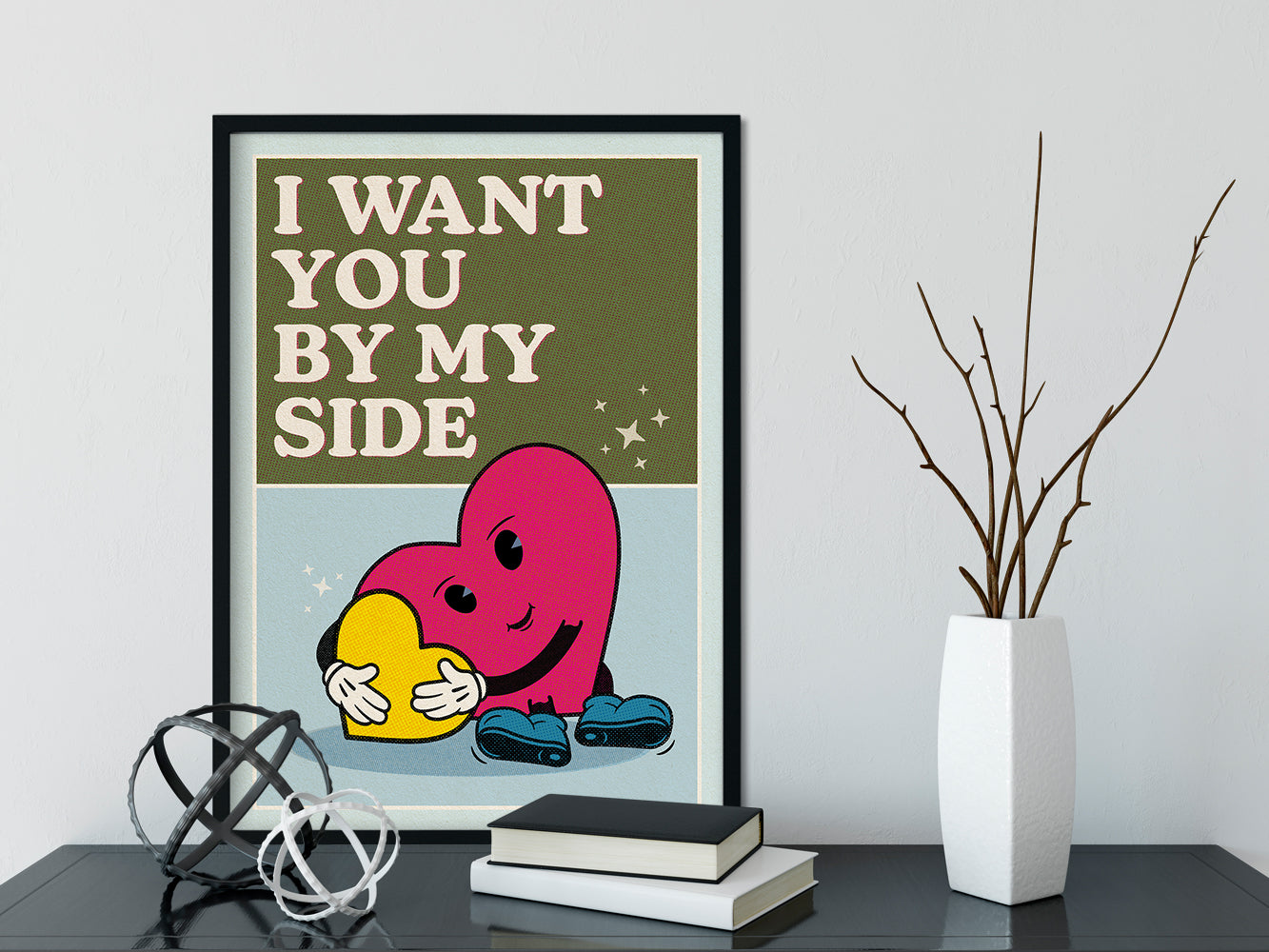 DRUCK ›I Want You By My Side‹ / Wanddeko, Art Print, Herz, Cartoon, Illustation, Retro Poster, Wandbild, Kinderzimmer