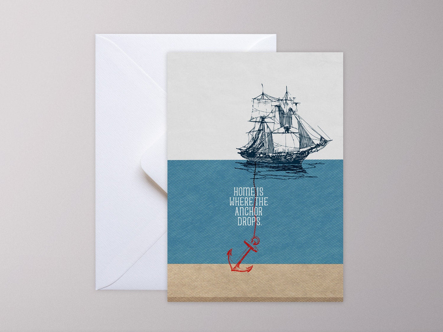 Klappkarte ›Home is where the anchor drops‹; Einzug, Umzug, Gastgeschenk, Zuhause, Heimat, Schiff, Anker, Quote, Glückwunsch