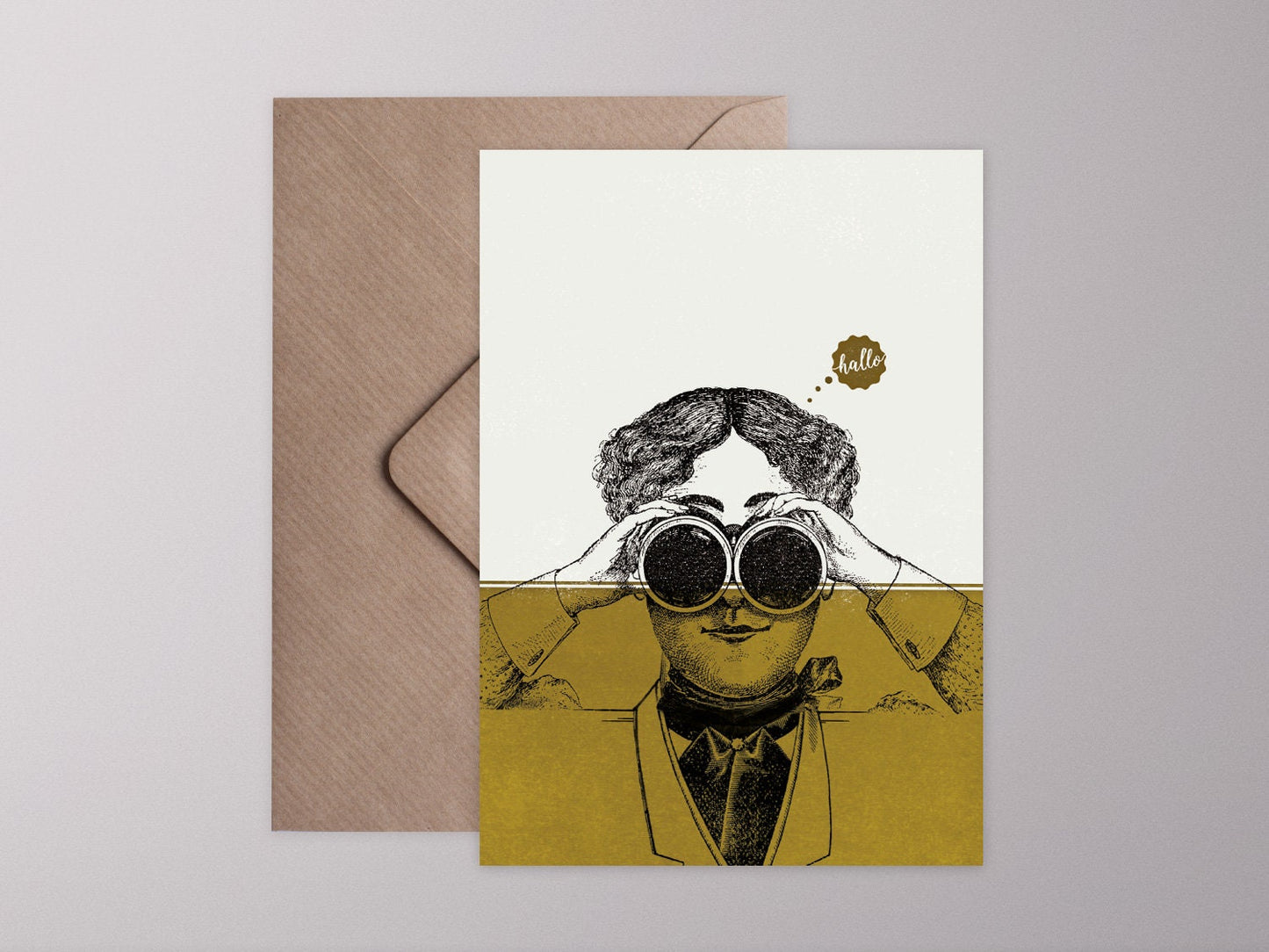 Klappkarte ›HALLO – FERNGLAS‹, Grußkarte, schwarz-weiß, Steampunk, schöne Aussichten, gutes neues Jahr, Zukunft, Neujahr