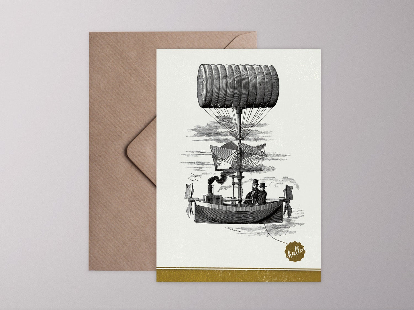 Klappkarte ›HALLO – LUFTSCHIFF‹, schwarz-weiß, Steampunk