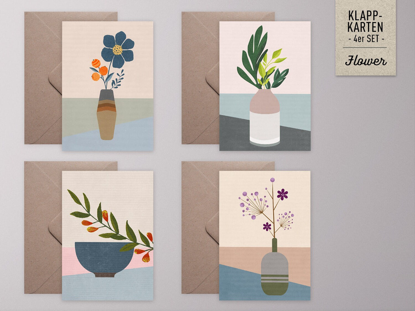 Klappkarten-Set ›BLUMEN Mix‹, floral Vintage Illustration für Geburtstag, Muttertag und Liebesgrüße