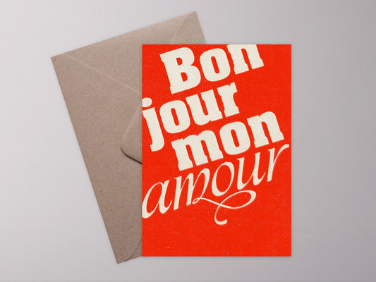 Typo Postkarte ›Bonjour MON AMOUR‹ / Typography, Typokarte, Grusskarte, Vintage, liebes Quote