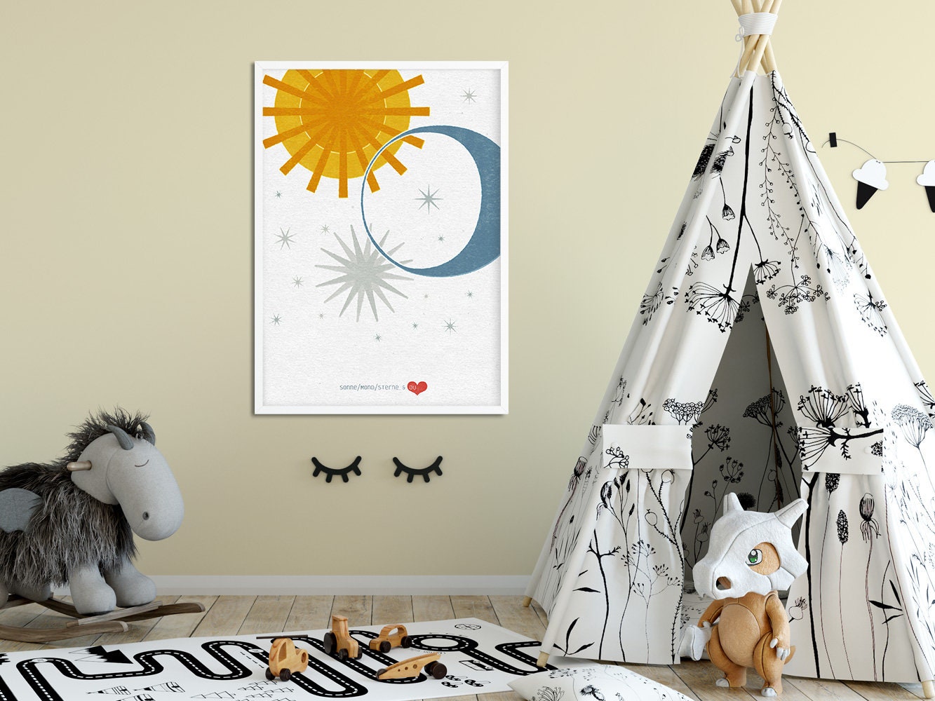 DRUCK ›Sonne, Mond, Sterne & DU - 01‹ / Kinderzimmerbild, Wall Art, Wandbild, Poster, Kunstdruck, Retro, Design, Baby, Hochzeit, Liebe