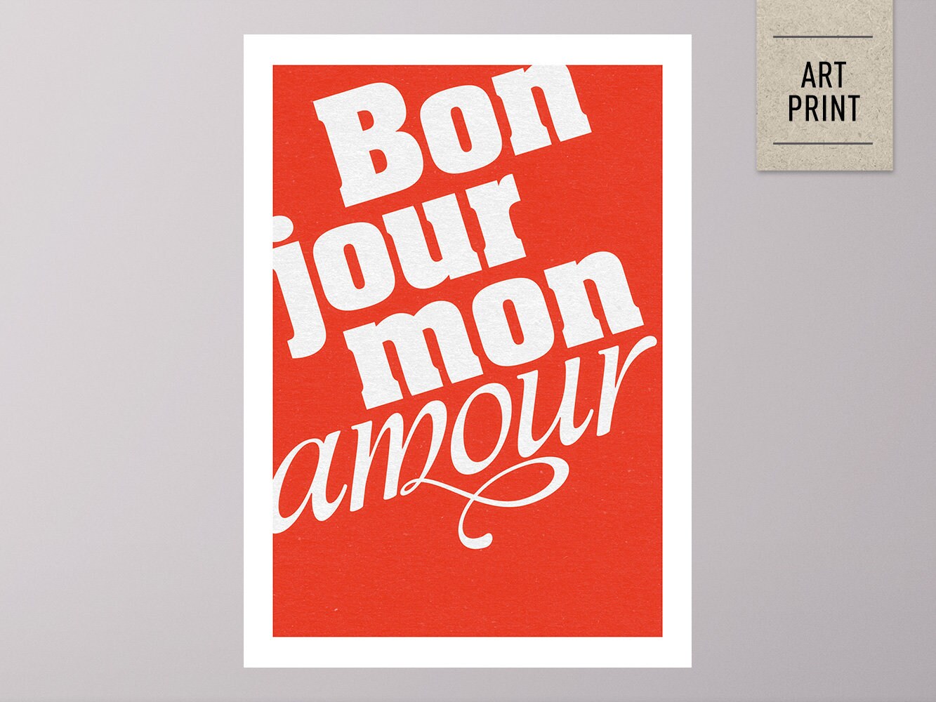 Druck ›BONJOUR MON AMOUR‹ / Wall Art, Wandbild, Poster, Kunstdruck, Retro, Design, Baby, Hochzeit, Liebe, Typo