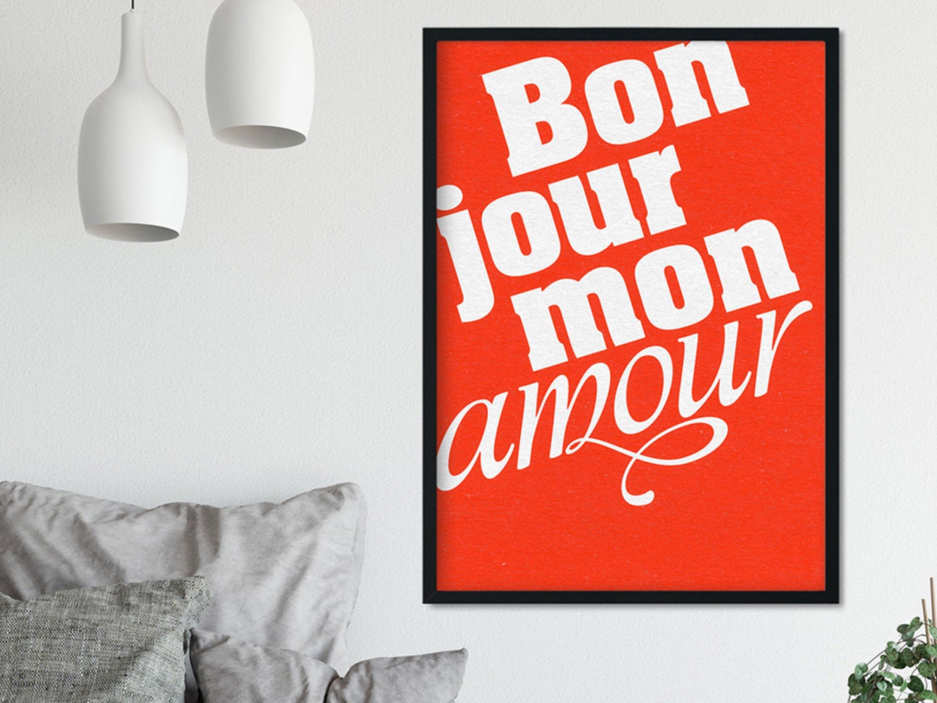 Druck ›BONJOUR MON AMOUR‹ / Wall Art, Wandbild, Poster, Kunstdruck, Retro, Design, Baby, Hochzeit, Liebe, Typo