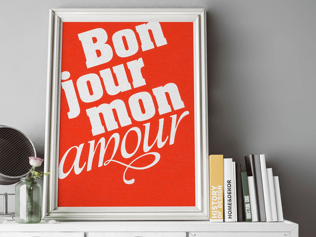 Druck ›BONJOUR MON AMOUR‹ / Wall Art, Wandbild, Poster, Kunstdruck, Retro, Design, Baby, Hochzeit, Liebe, Typo