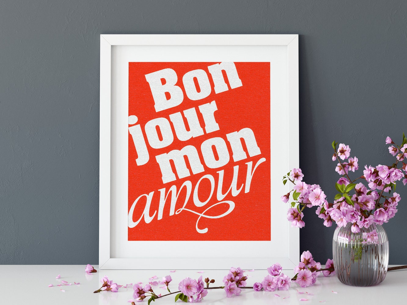 Druck ›BONJOUR MON AMOUR‹ / Wall Art, Wandbild, Poster, Kunstdruck, Retro, Design, Baby, Hochzeit, Liebe, Typo