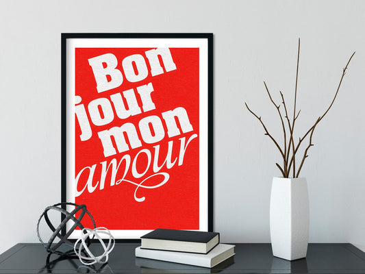 Druck ›BONJOUR MON AMOUR‹ / Wall Art, Wandbild, Poster, Kunstdruck, Retro, Design, Baby, Hochzeit, Liebe, Typo