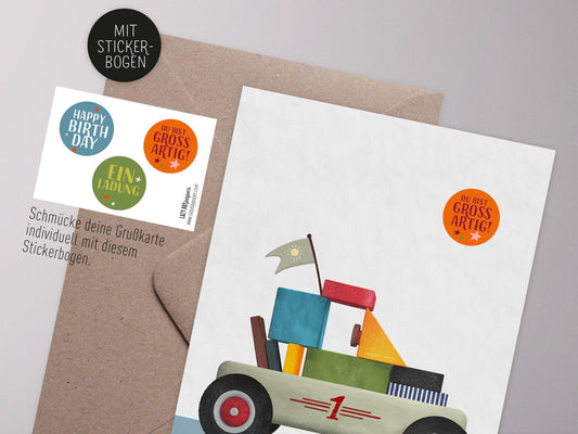 Klappkarte mit Aufklebern ›BAUSTEINE – Rennwagen‹ für Kindergeburtstag, Schulanfang, Einladungen
