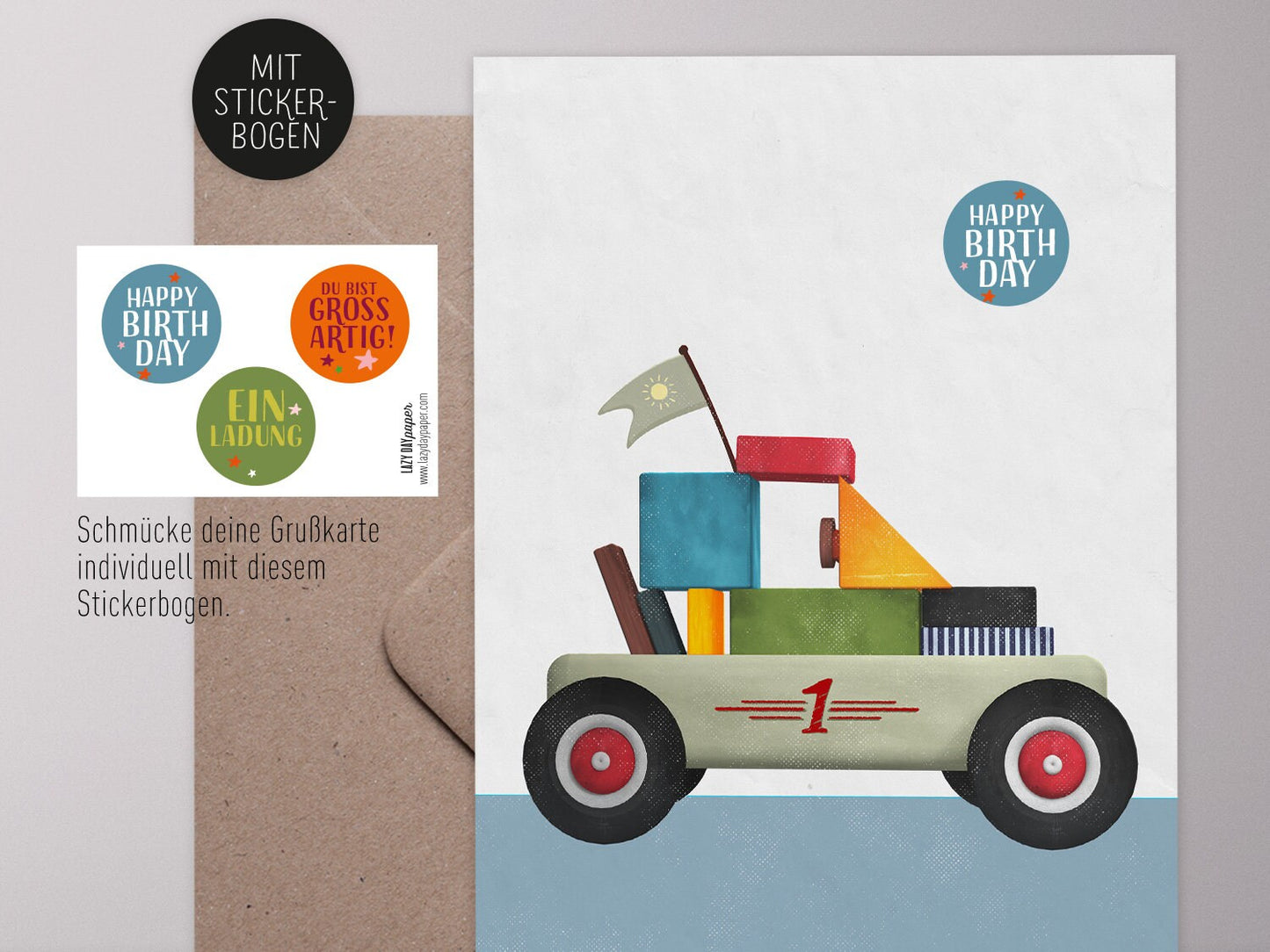 Klappkarte mit Aufklebern ›BAUSTEINE – Rennwagen‹ für Kindergeburtstag, Schulanfang, Einladungen