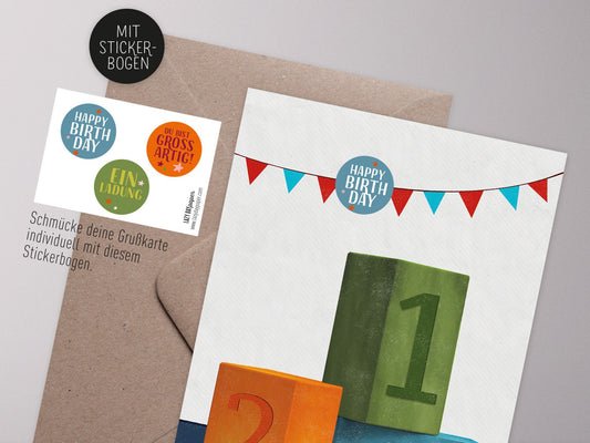 Klappkarte mit Aufklebern ›BAUSTEINE – 123‹ für Kindergeburtstag, Schulanfang, Einladungen