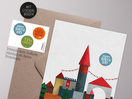 Klappkarte mit Aufklebern ›BAUSTEINE – Burg für Kindergeburtstag, Schulanfang, Einladungen
