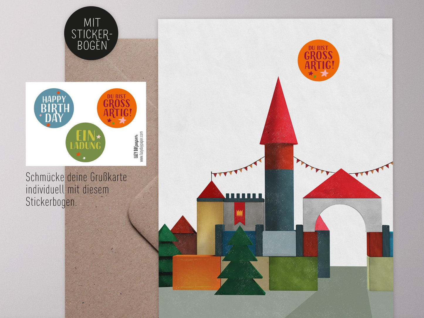 Klappkarte mit Aufklebern ›BAUSTEINE – Burg für Kindergeburtstag, Schulanfang, Einladungen