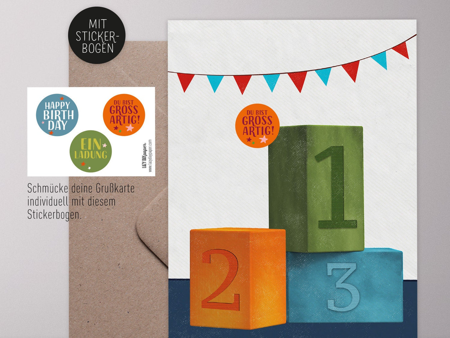Klappkarte mit Aufklebern ›BAUSTEINE – 123‹ für Kindergeburtstag, Schulanfang, Einladungen