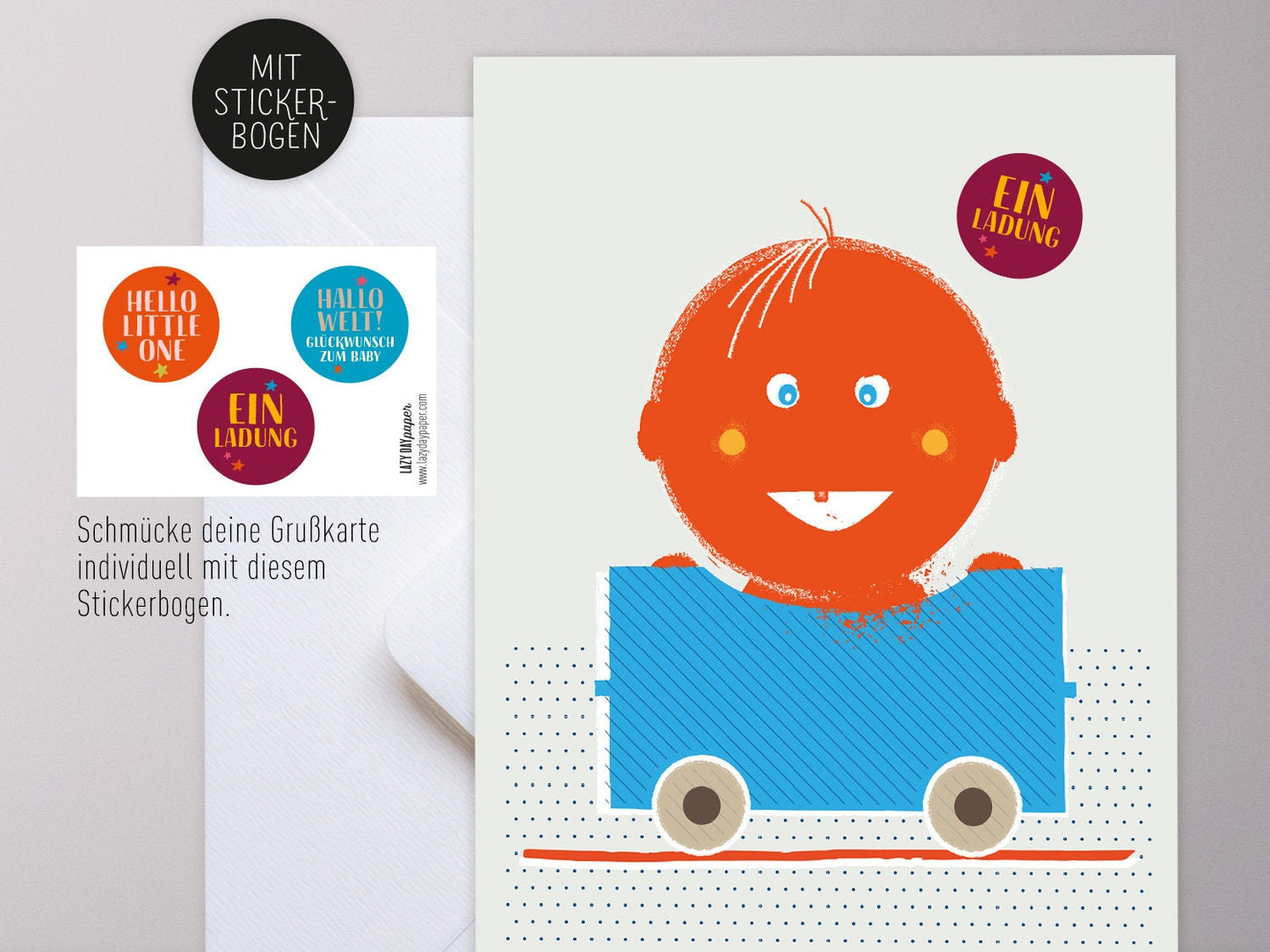 Karte JUNGE, Kindergeburtstag, Geburt, Einladung, Feier, Sticker, Taufe, Willkommen, Party, Baby