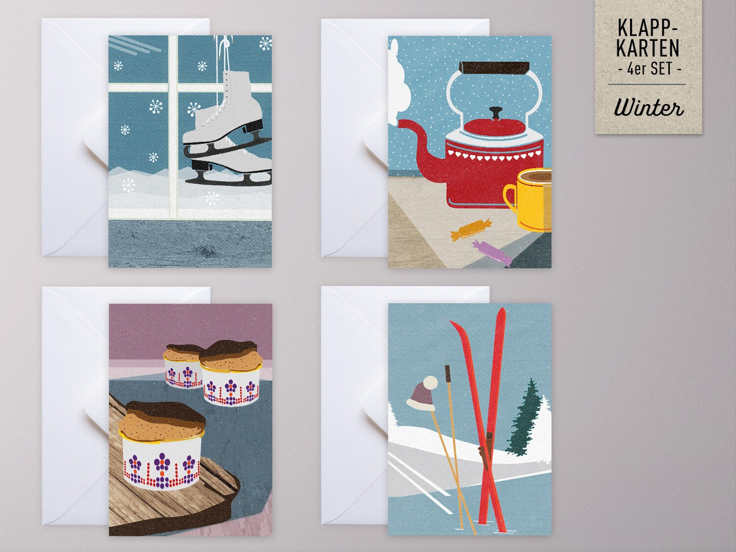 Weihnachtskarten-Set ›WINTER‹, mit Vintag Illustrationen Schlittschuhe, Ski, Tee und Muffin